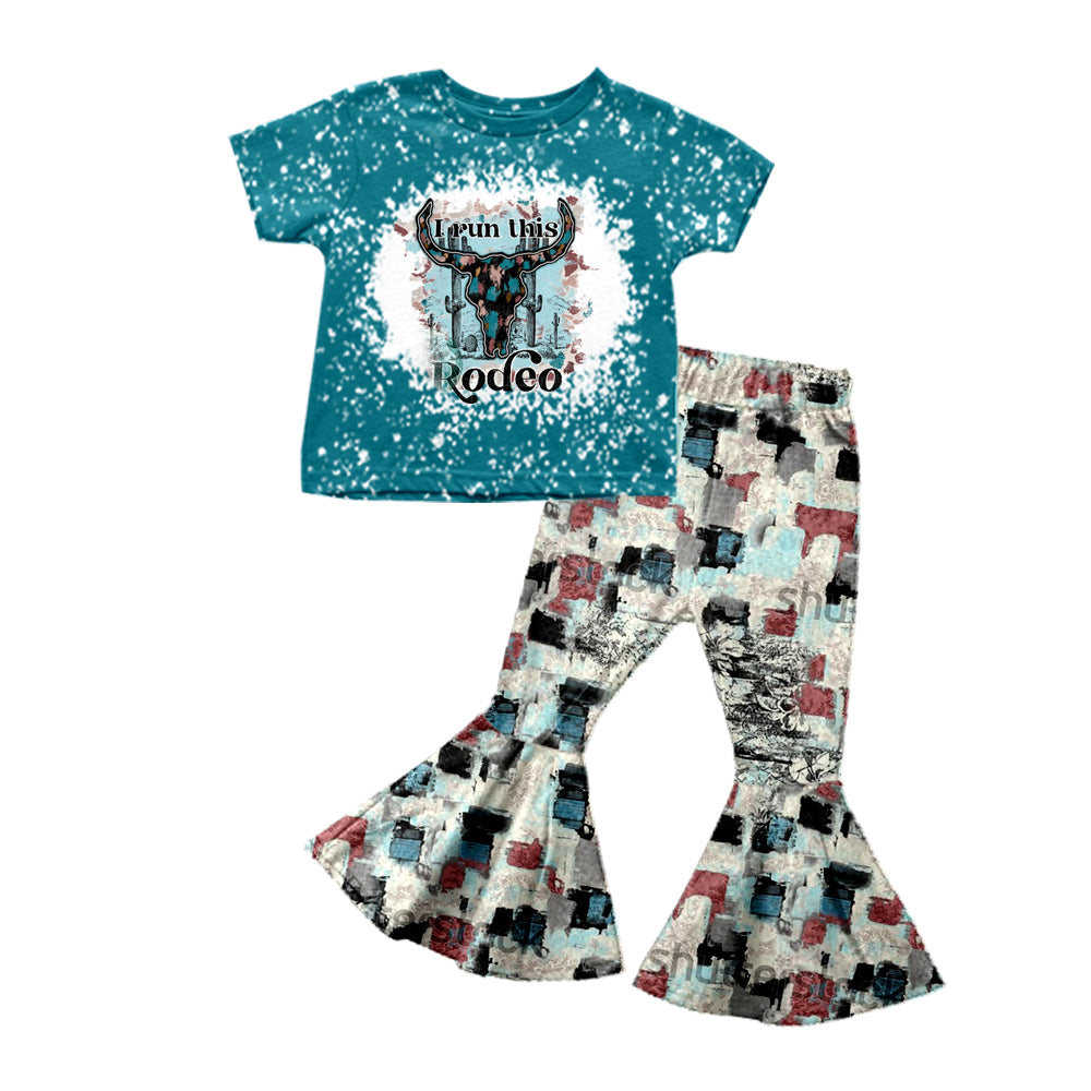 preorder GSPO1157 Western Cow I Run This Rodeo Blue Short Sleeve Pants Girls Set