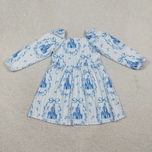 GLD1567 Blue Castle Bows Long Sleeve Girls Dress