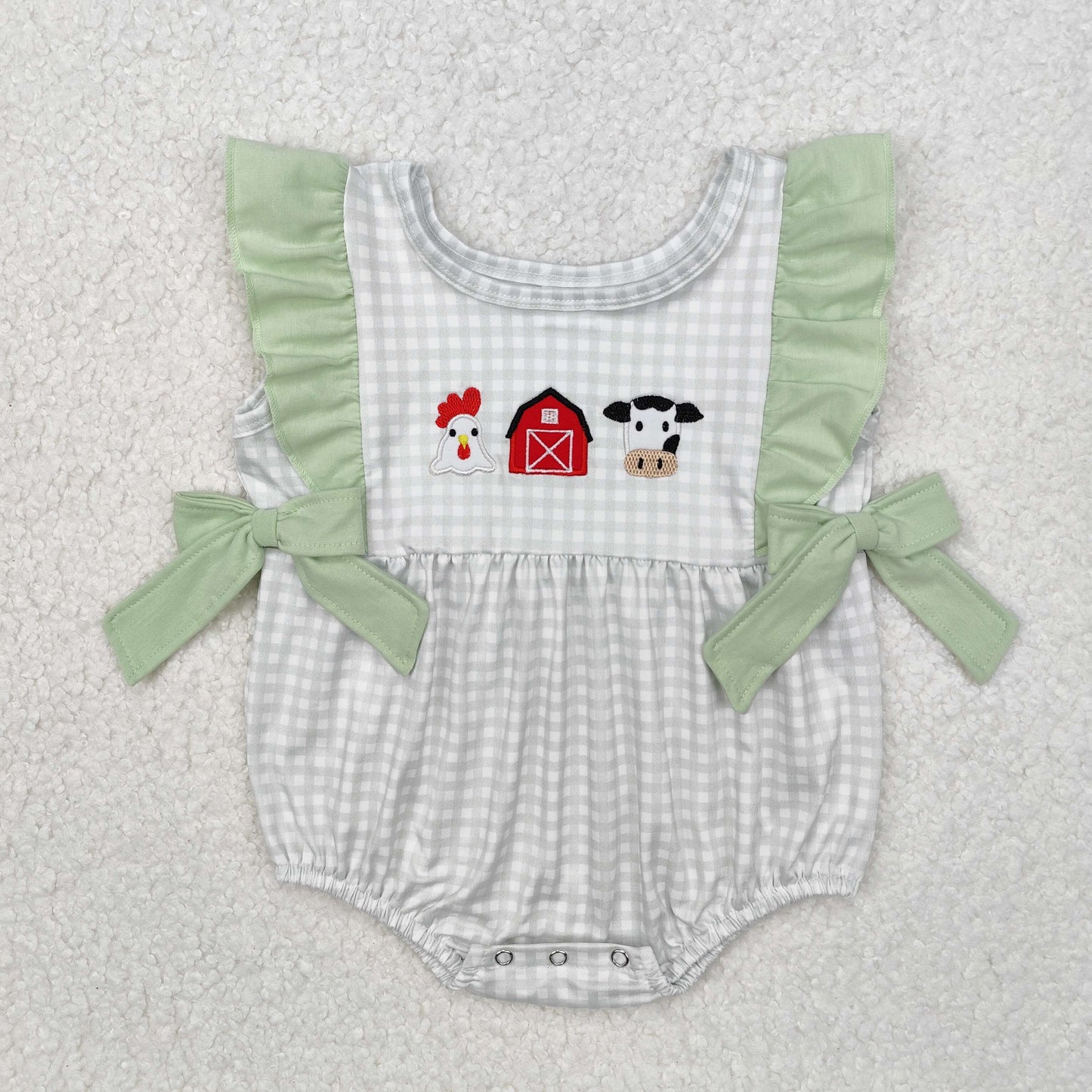embroidery SR2184 Farm chick cow house bows flutter sleeve girls romper