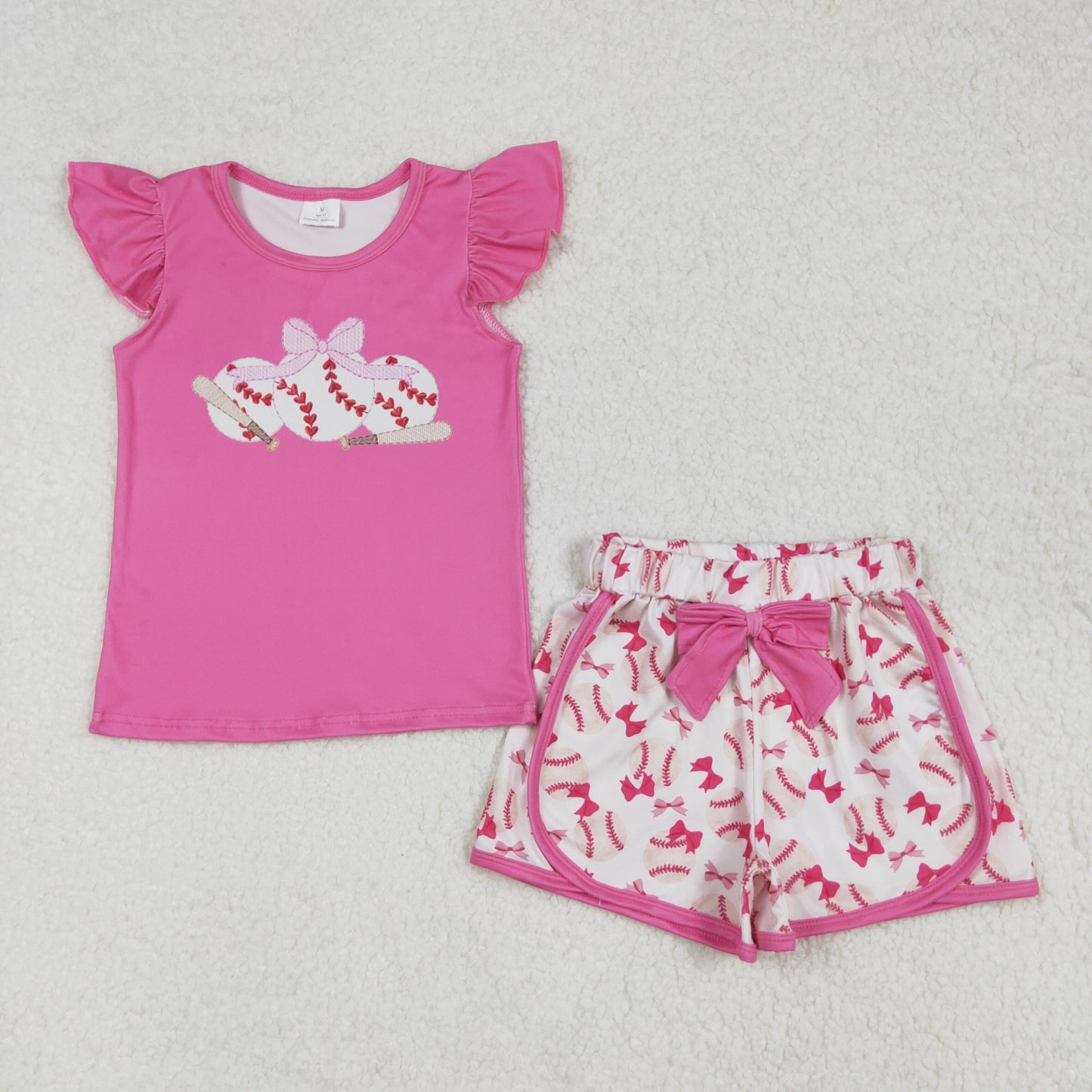 GSSO1685 Baseball Bows Hot Pink Flutter Sleeve Shorts Girls Set