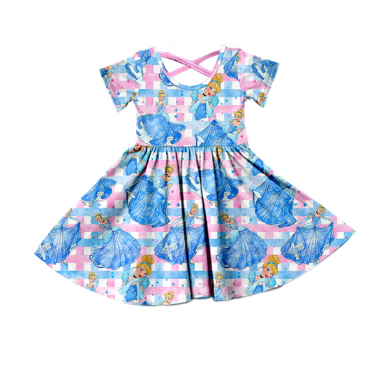Custom Cartoon Blue Princess Checkered Short Sleeve Girls Dress