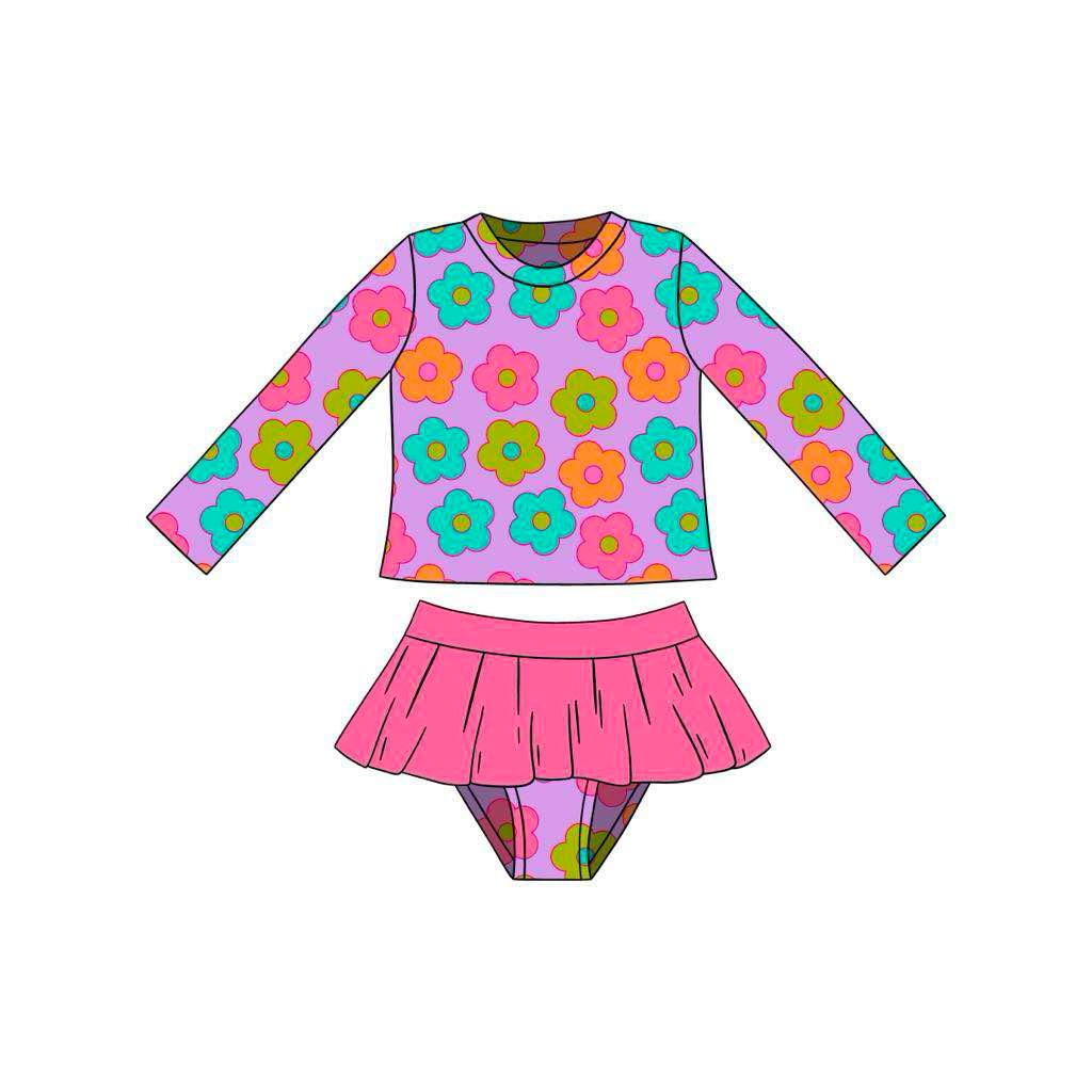 custom flowers purple long sleeve girls bathing swimsuits