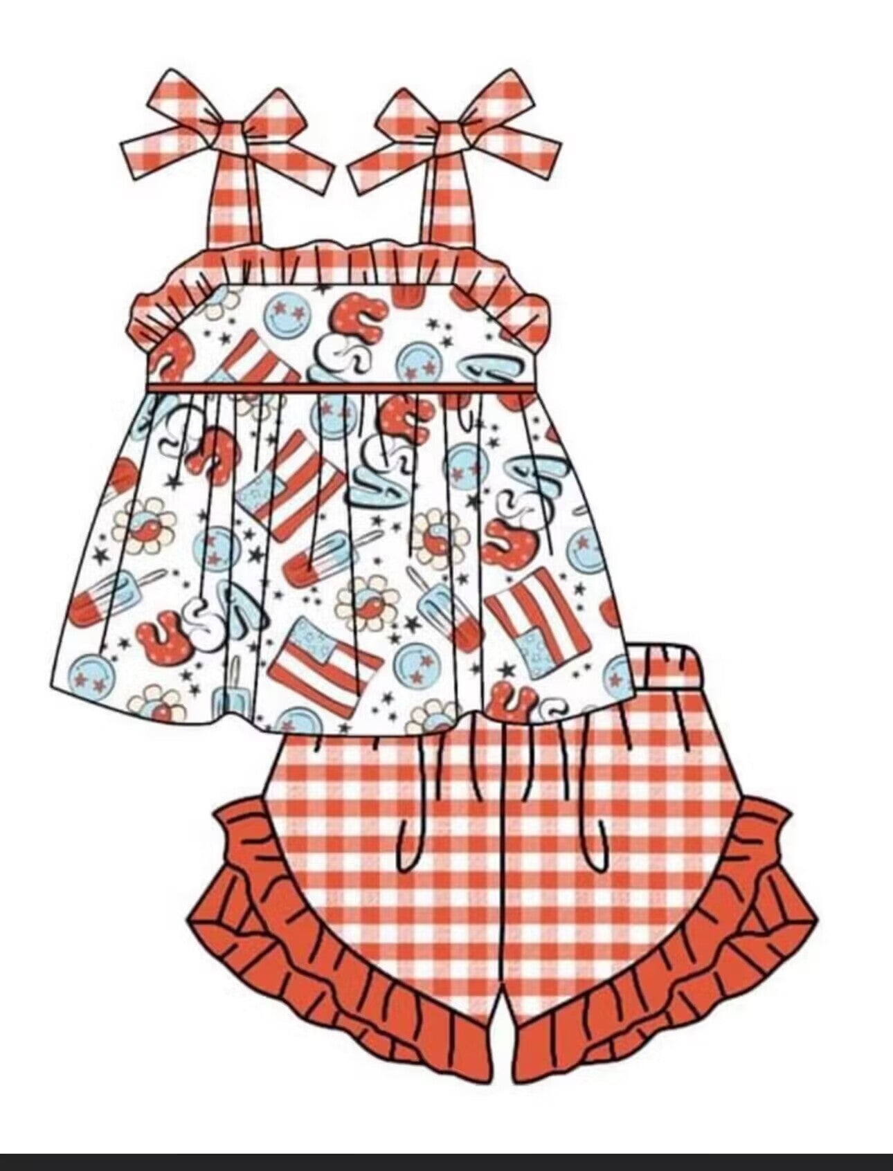 custom July 4th USA ice smile lace-up red checkered shorts girls set