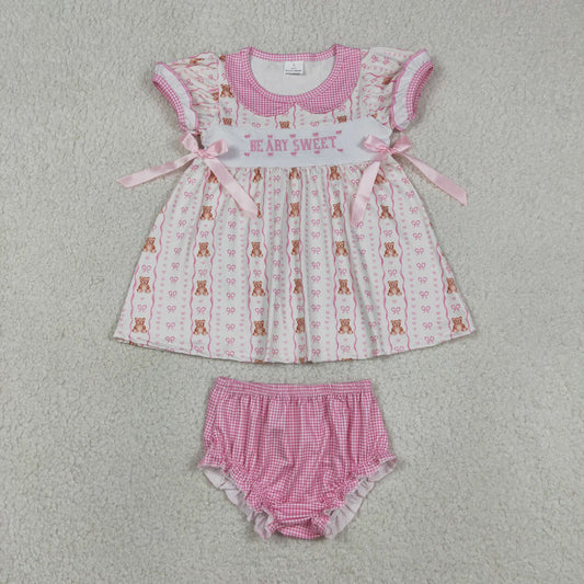 Embroidery GBO0520 Beary Sweet Bows Pink Short Sleeve Girls Bummies Set
