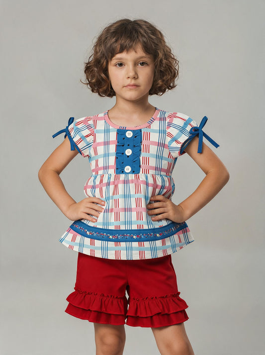GSSO2815 July 4th Red Blue Checkered Short Sleeve Red Shorts Girls Set