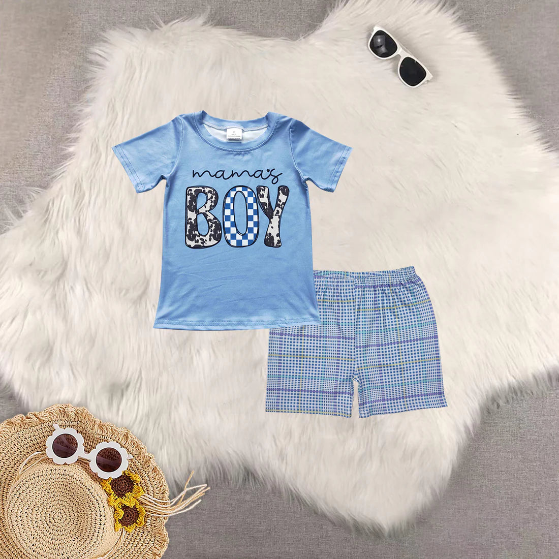 mama's boy blue short sleeve checkered shorts boys set BT0183+SS0422
