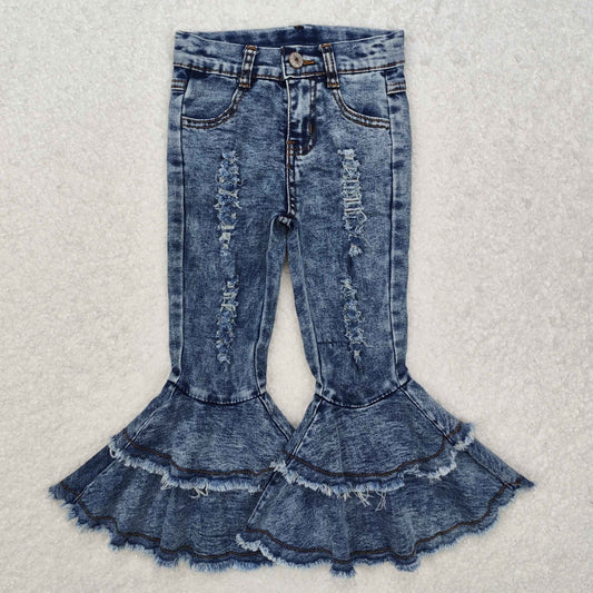 C1-13 Best Sale 2 Ruffles Fashion Denim Jeans Girls Blue Jeans