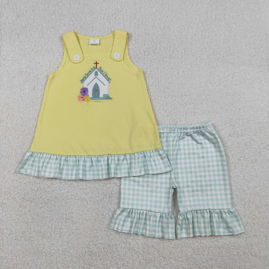 Embroidery GSSO2966 Easter Cross House Yellow Sleeveelss Shorts Girls Set