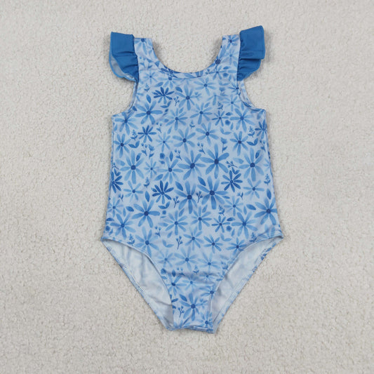 S0515 blue flowers one-piece girls bathing swimsuits