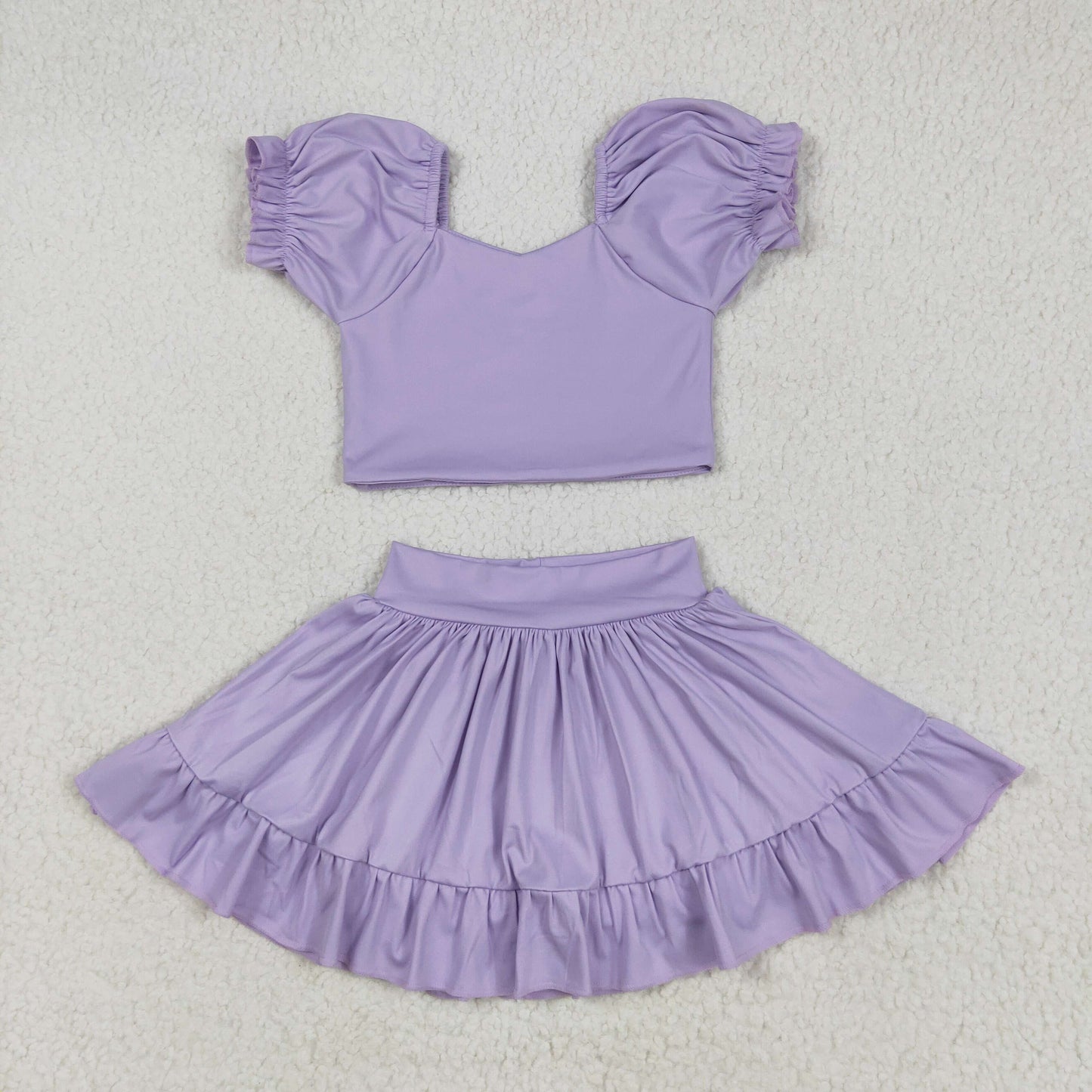 preorder GSD2099 yoga purple short sleeve skirt with shorts girls set