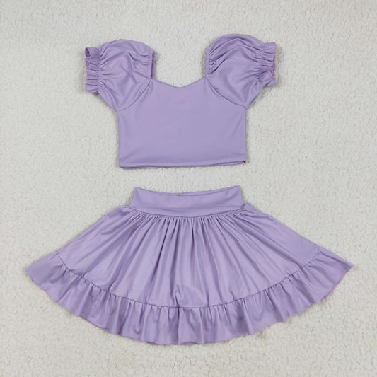 preorder GSD2099 yoga purple short sleeve skirt with shorts girls set