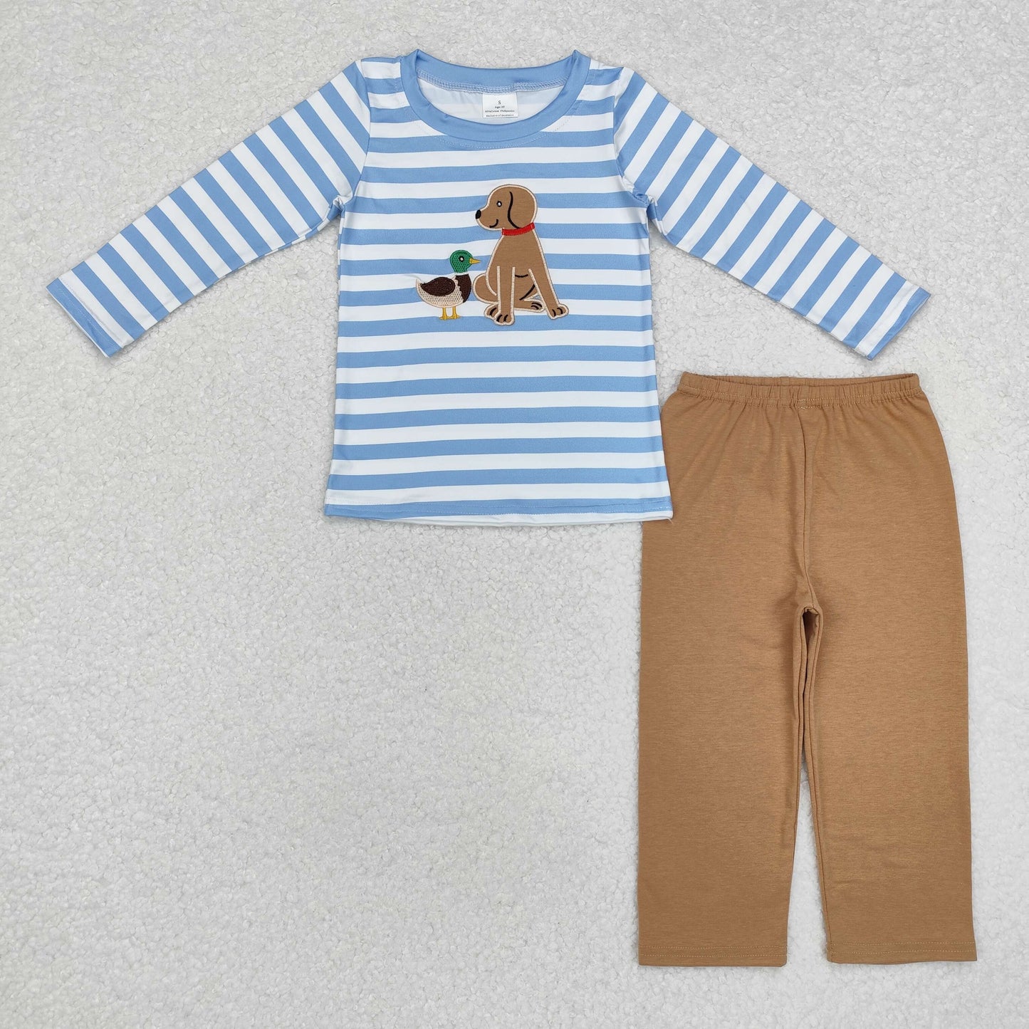 USA SHOP embroidery BLP0805 hunting mallard dog blue striped long sleeve khaki pants boys set