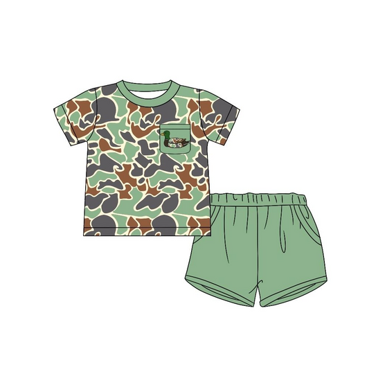 preorder BSSO1014 duck camo hunting camo mallard pocket short sleeve green shorts boys set