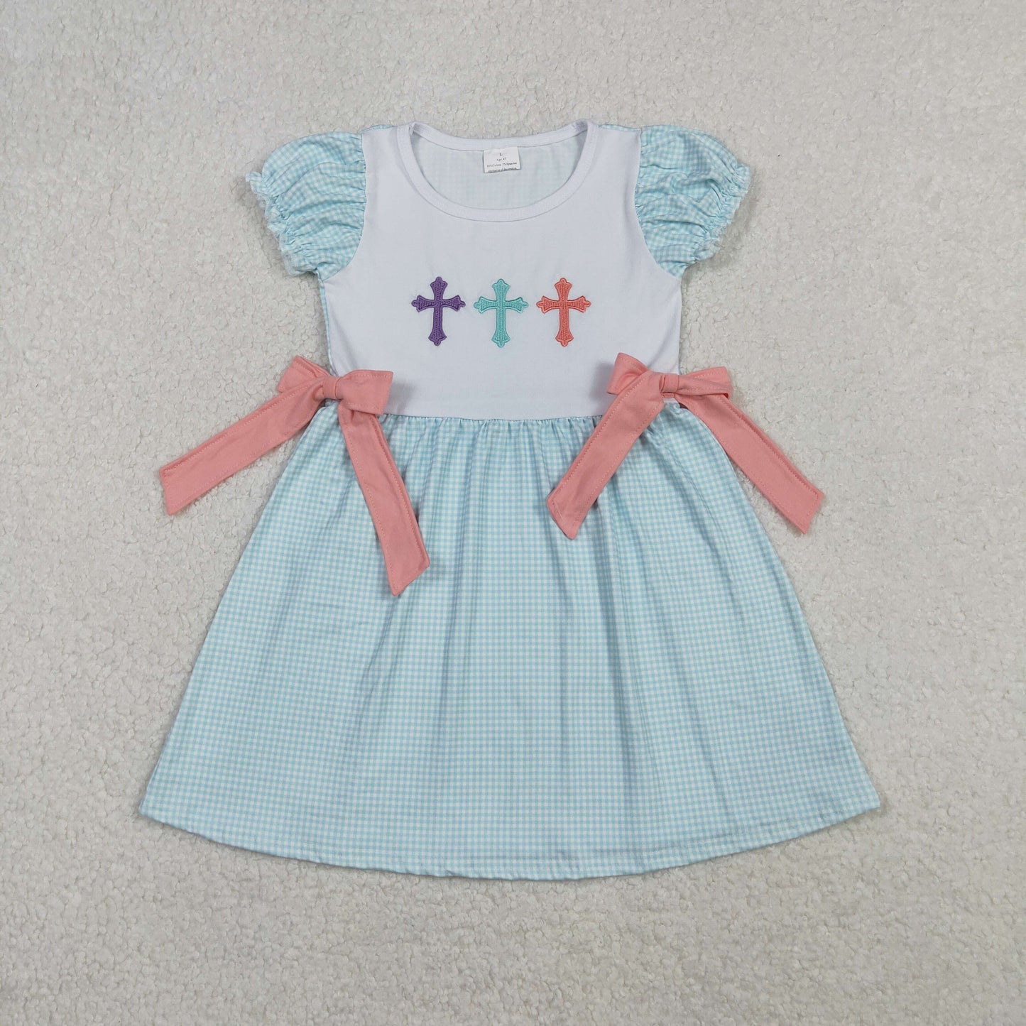 Embroidery GSD2807 Easter cross blue bows short sleeve girls dress