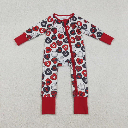LR2882 Valentine's Day Black Red Heart Zipper Long Sleeve Girls Romper