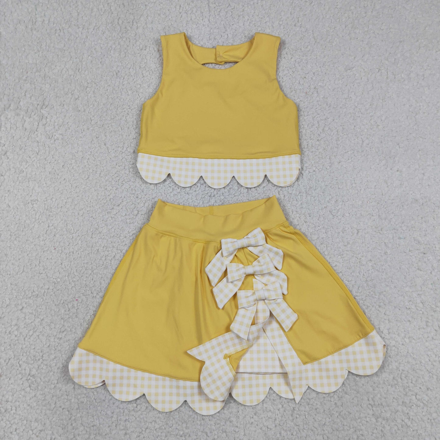 GSD3324 Yoga Solid Color Yellow Sleeveless Bows Skorts Girls Set