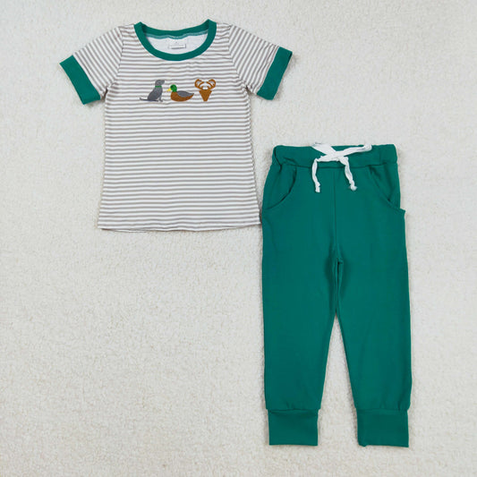 embroidery BSPO0154 Dog duck deer striped short sleeve green pants boys set kids clothes