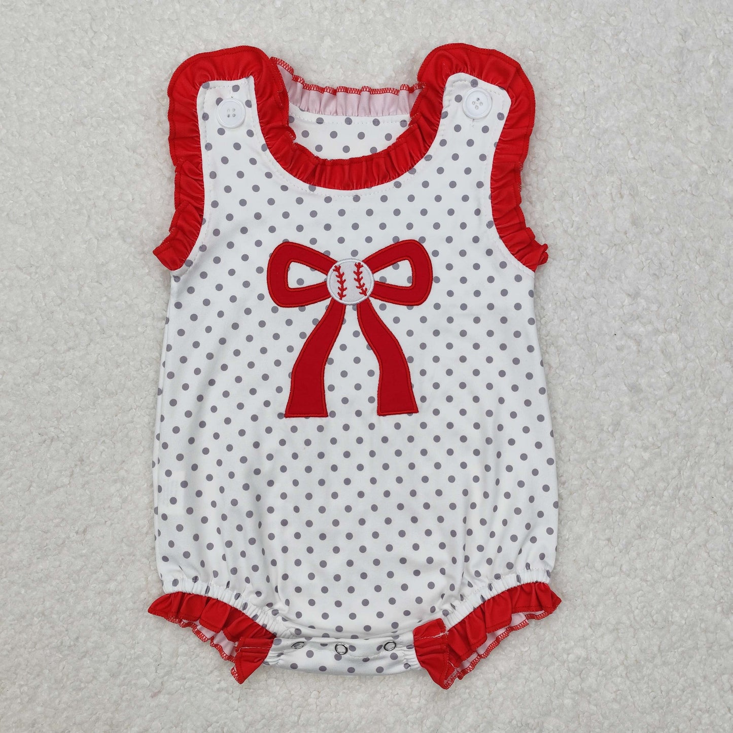 Embroidery SR2376 Baseball Red Bow Dot Sleeveless Girls Romper