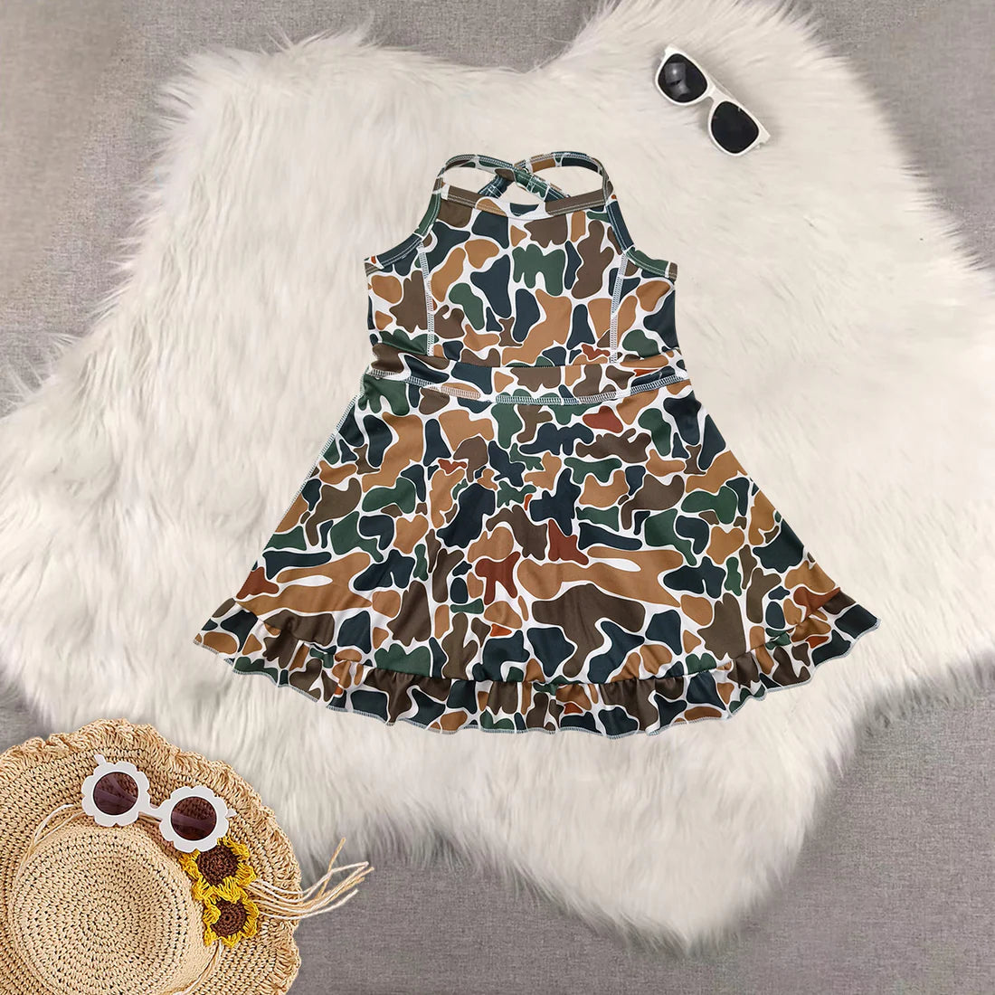 yoga dress with shorts camo/bows RTS Sibling Clothes