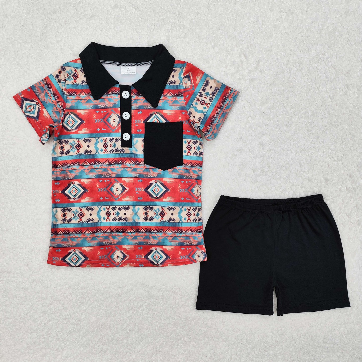 BSSO1140 Western Aztec red blue pocket short sleeve black shorts boys set
