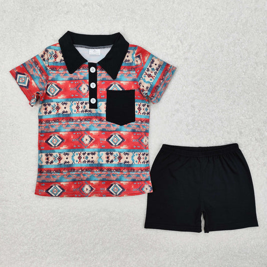 BSSO1140 Western Aztec red blue pocket short sleeve black shorts boys set