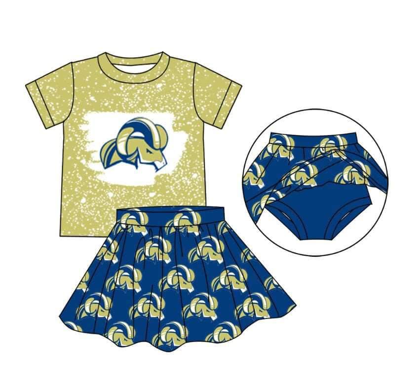 custom football team golden goat short sleeve dark blue skirt girls 2pcs set