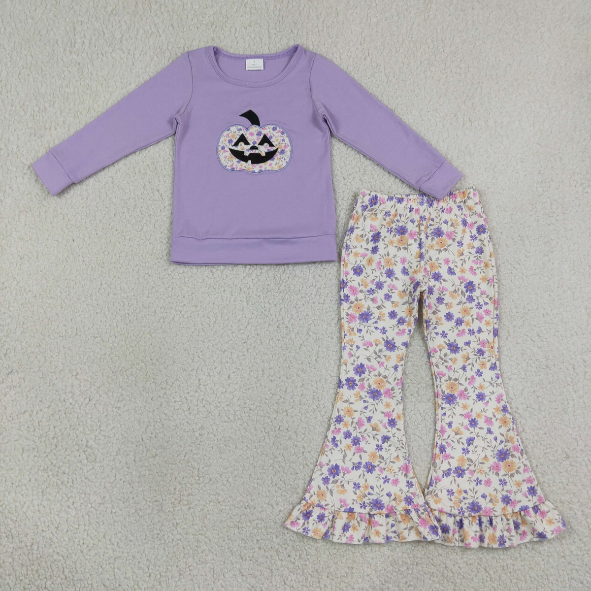 GLP3618 Halloween Smile Pumpkin Purple Long Sleeve Flowers Pants Girls Set