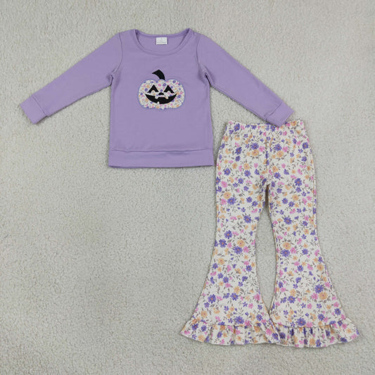 GLP3618 Halloween Smile Pumpkin Purple Long Sleeve Flowers Pants Girls Set
