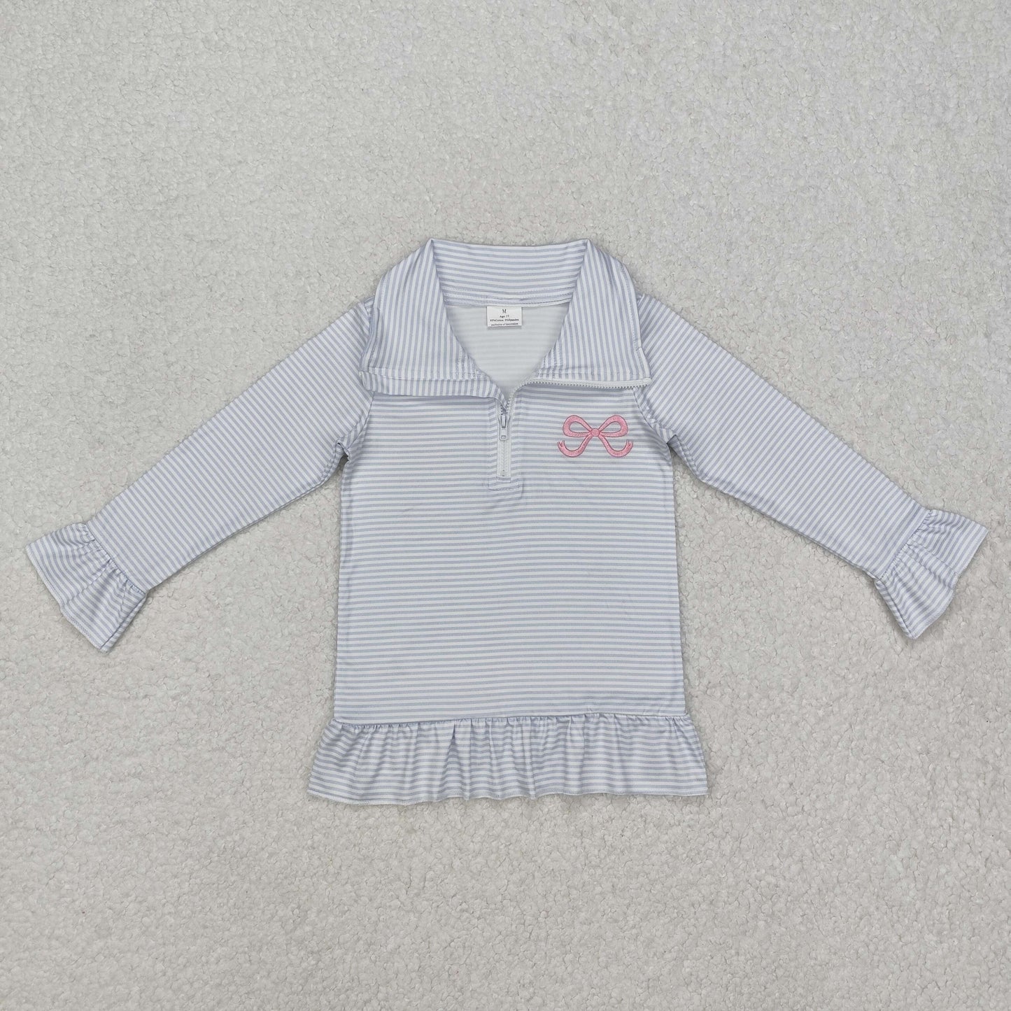 embroidery GT0886 pink bow blue striped long sleeve zipper girls pullover