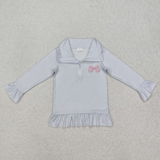 embroidery GT0886 pink bow blue striped long sleeve zipper girls pullover