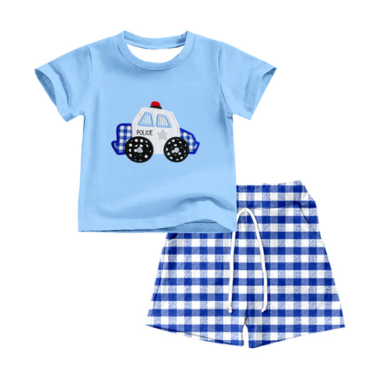 preorder BSSO0553 Police Car Blue Short Sleeve Blue Checkered Pockets Shorts Boys Set
