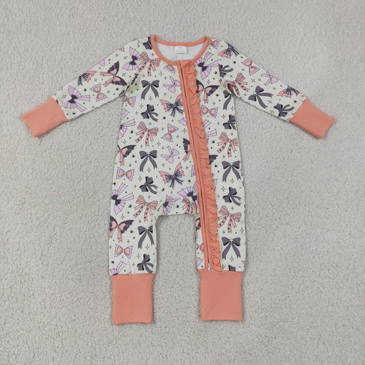 LR3078 Halloween Bows Pink Zipper Long Sleeve Girls Romper