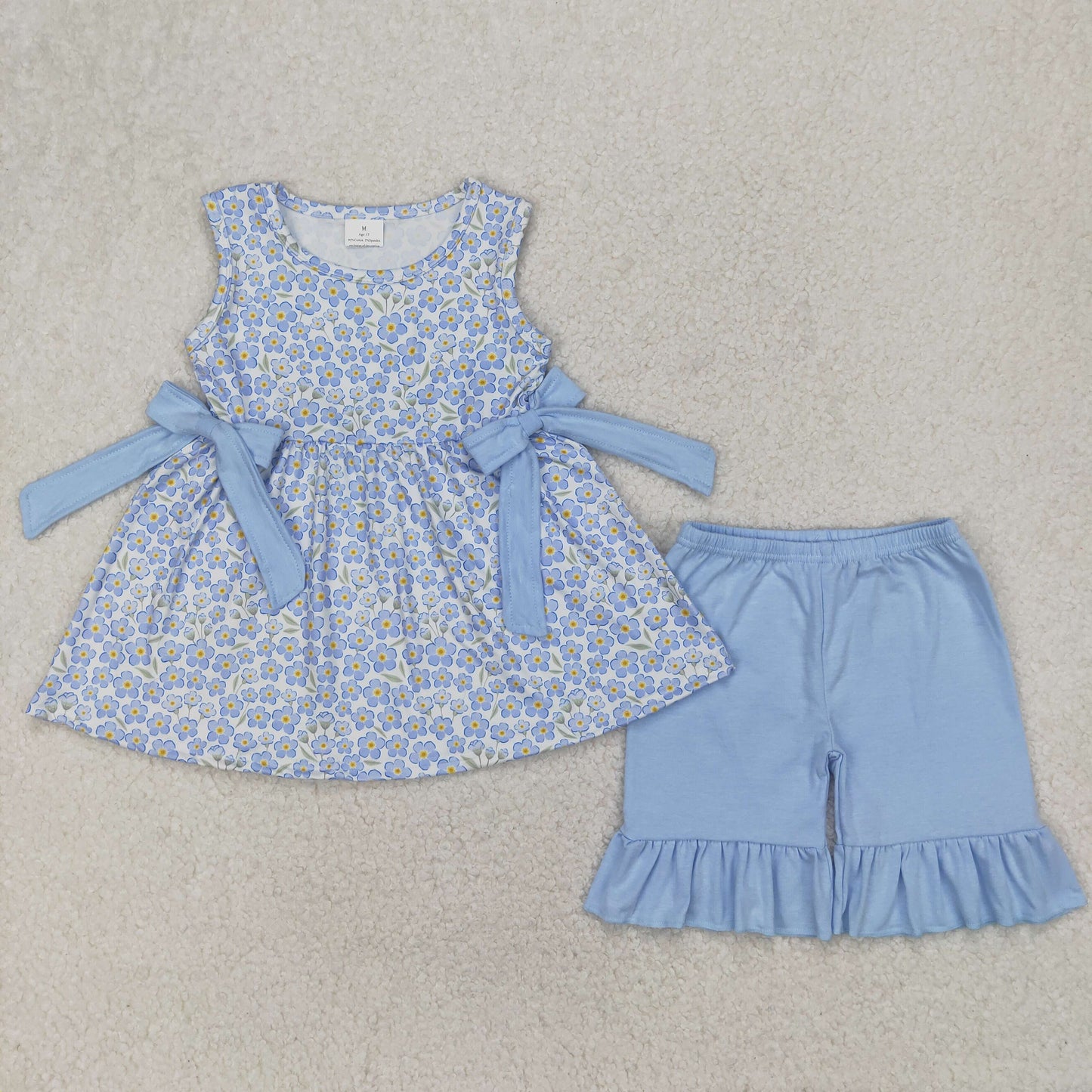 GSSO2204 blue flowers bows floral sleeveless blue shorts girls set