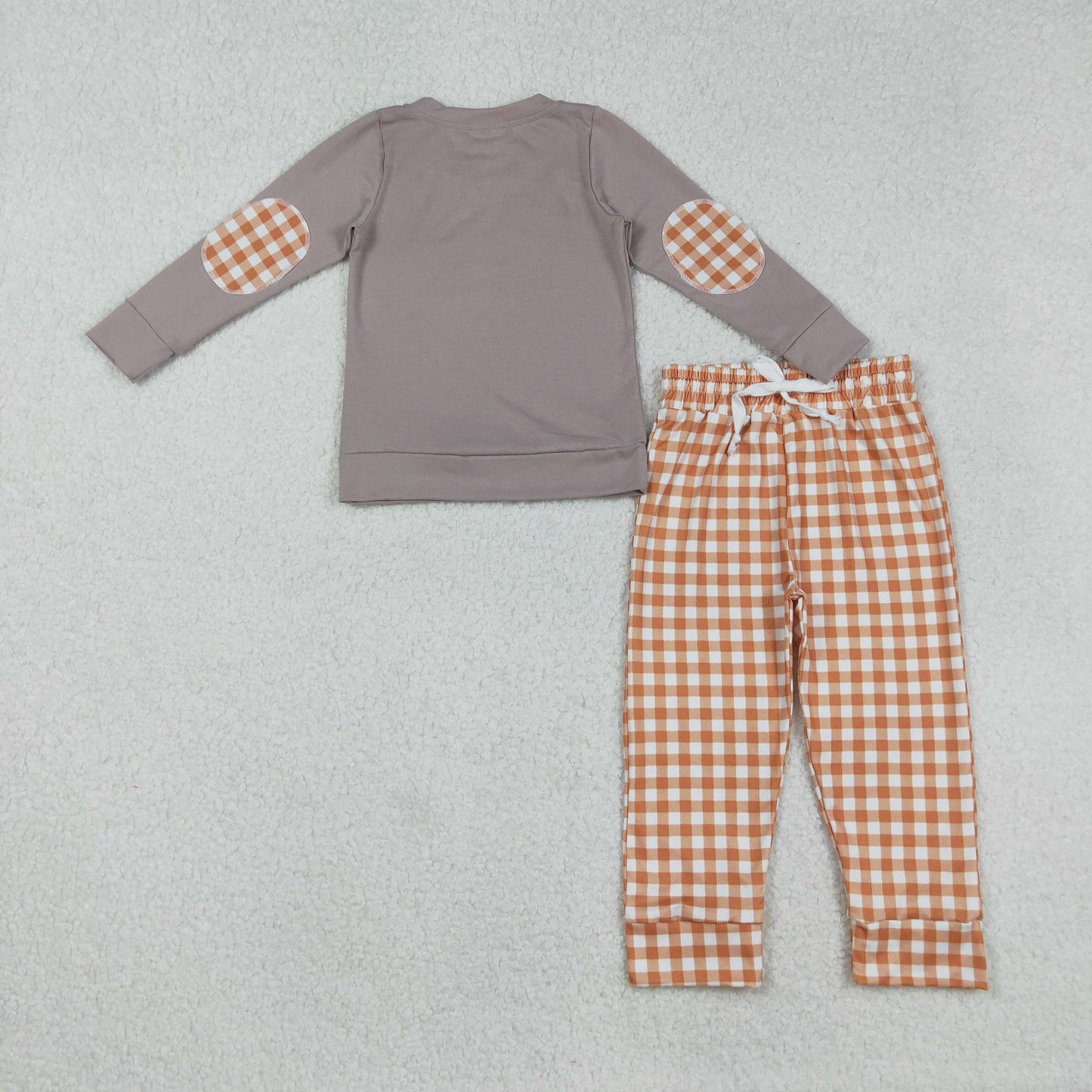 embroidery BLP1098 Halloween dog pumpkin khaki long sleeve orange checkered pants boys set