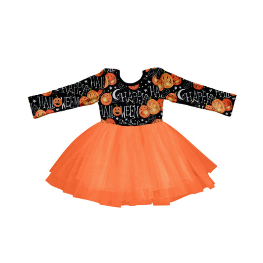custom Halloween pumpkin long sleeve tutu dress