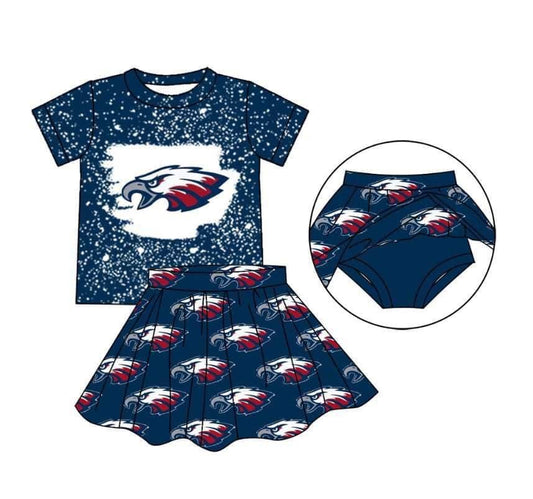 custom football team eagle dark blue short sleeve skirt girls 2pcs set