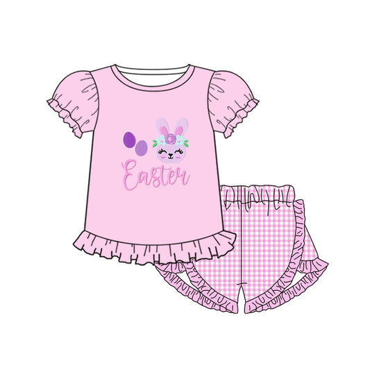 preorder GSSO0368 Easter rabbit egg pink short sleeve striped shorts girls set