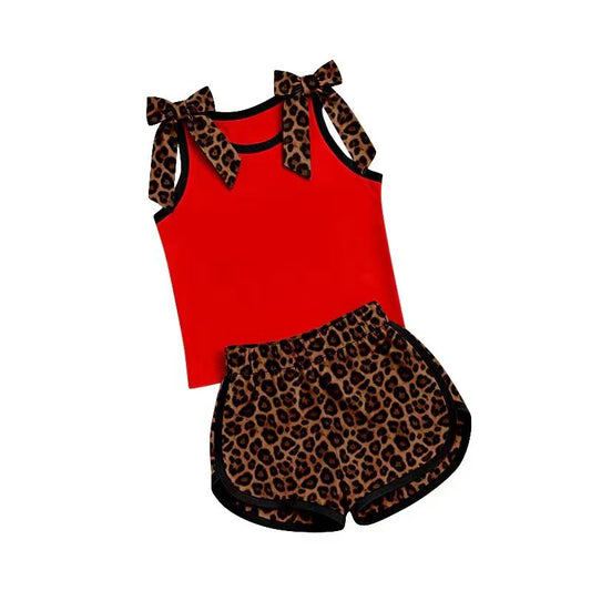 Custom Moq 3 Bows Red Sleeveless Leoaprd Shorts Girls Set