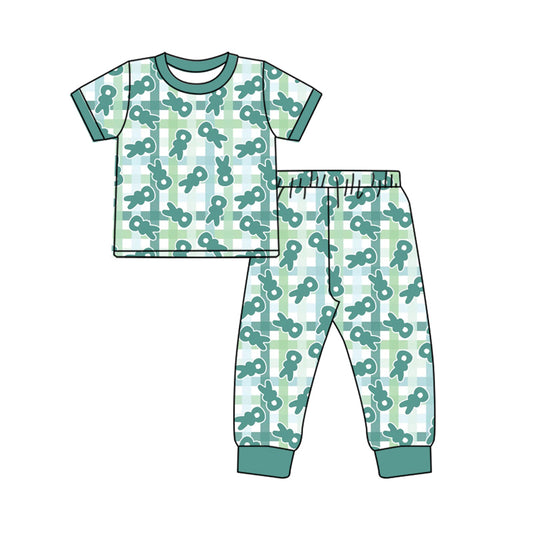 custom moq 3 Easter cute bunny rabbit green checkered short sleeve pants boys pajamas