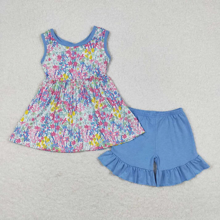 cartoon dinosaur/colorful flowers with bow Summer girls set RTS sibling clothes