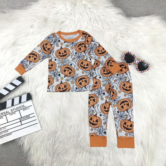 BLP1210 Halloween smile pumpkin orange long sleeve pants boys pajamas