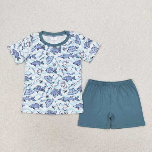 BSSO0994 fishing hat short sleeve blue shorts boys set