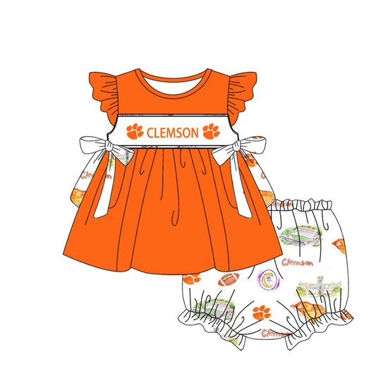 Custom Moq 3 Football Team Clemson Paw Orange Flutter Sleeve Bows Girls Bummies Set