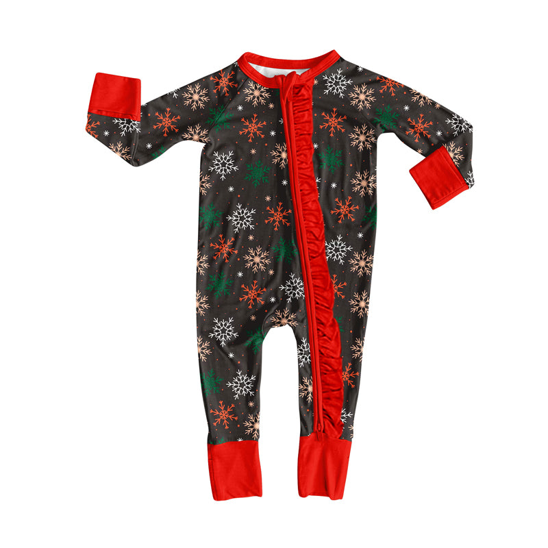 Custom moq 20 bamboo Christmas snow black red zipper long sleeve boys romper