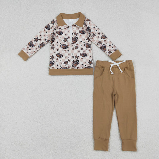BLP1217 football star khaki checkered zipper long sleeve brown pants boys set