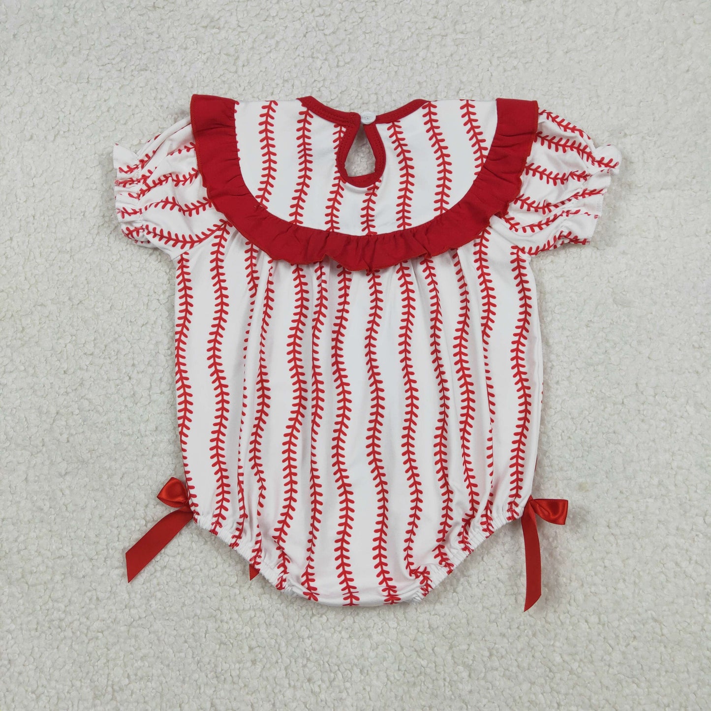 Embroidery SR3345 red bows baseball short sleeve girls romper