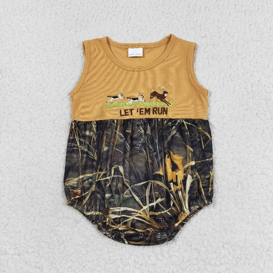 USA SHOP embrodiery SR1660 let'em run dog deer orange sleeveless camo branch boys romper