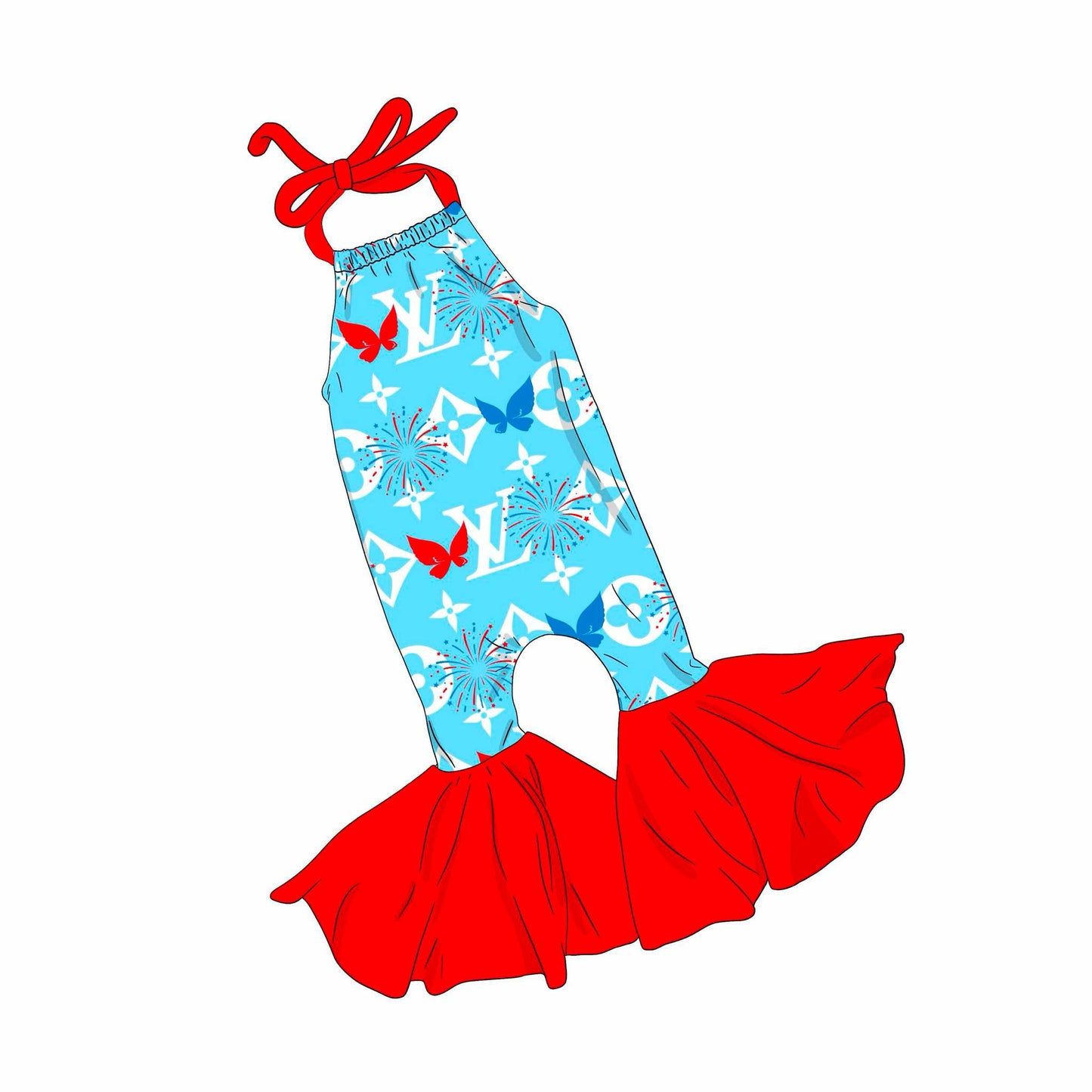 custom July 4th butterfly red blue girls jumpsuits