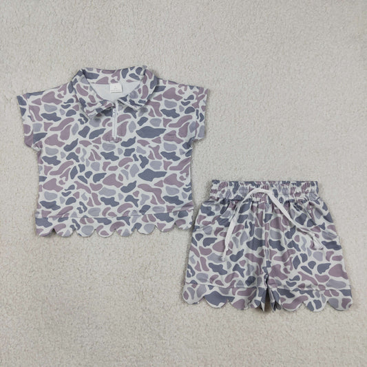 GSSO3564 Scallop Camo Short Sleeve Shorts Girls Set