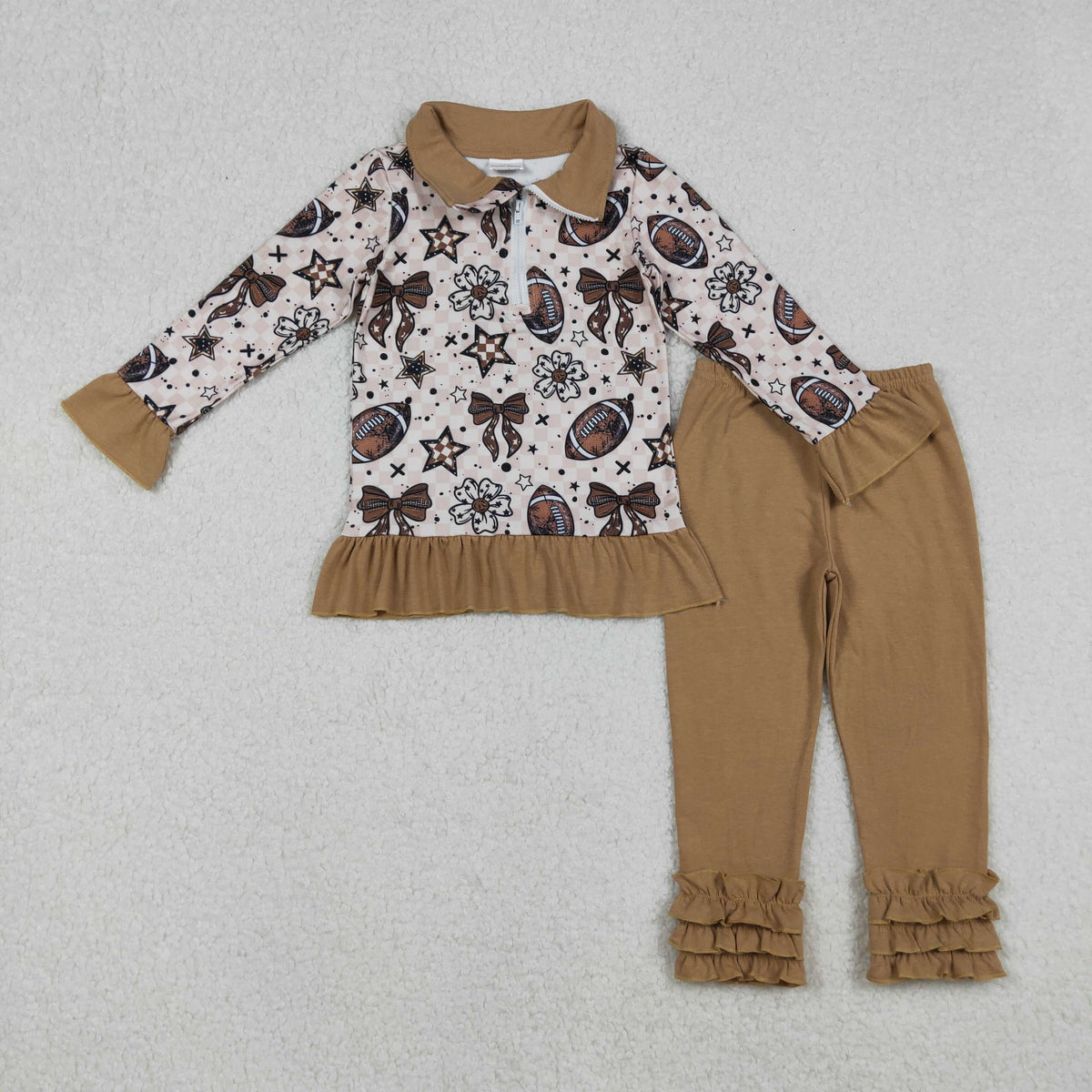 GLP2690 football star flowers bows khaki checkered zipper long sleeve brown pants girls set